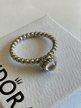 Pandora Silver Beaded Ring with Pale Yellow Stone